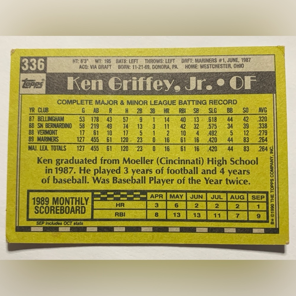1990 Topps Ken Griffey Jr #336 HOF Bloody Scar Ungraded - Picture 6 of 6